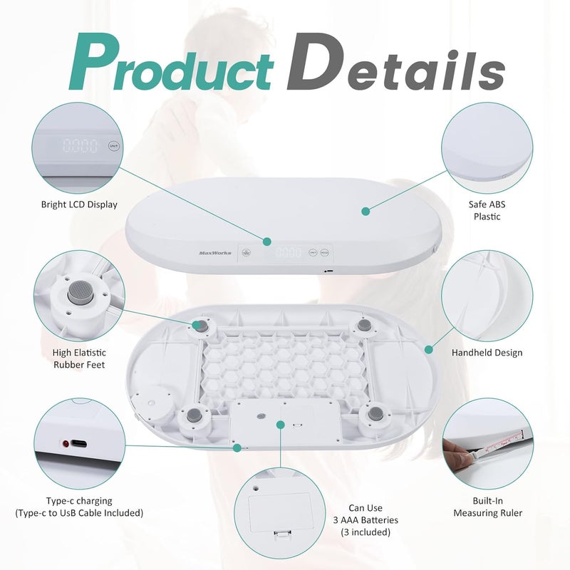 Maxworks 51075 Baby & Pet Scale – 88 lbs Capacity, Type-C Rechargeable or AAA Battery, Large Platform, Unit Conversion, Lock & Tare, White (g/kg/lb/oz) - Image 5